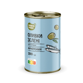 Оливки зелені фаршировані анчоусами «Повна Чаша»® пастеризовані 290г
